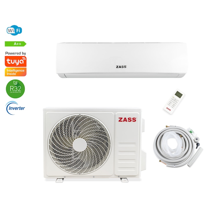 Aparat de aer conditionat Zass ZAC 24 Z22, 24000BTU Wi-fi, Clasa A++, display, kit instalare inclus, Functie incalzire, Functie Turbo, Mod Somn, Temporizator, Autodiagnoza, Functie Dezumidificare, Flux aer 4D cu filtru 3in1