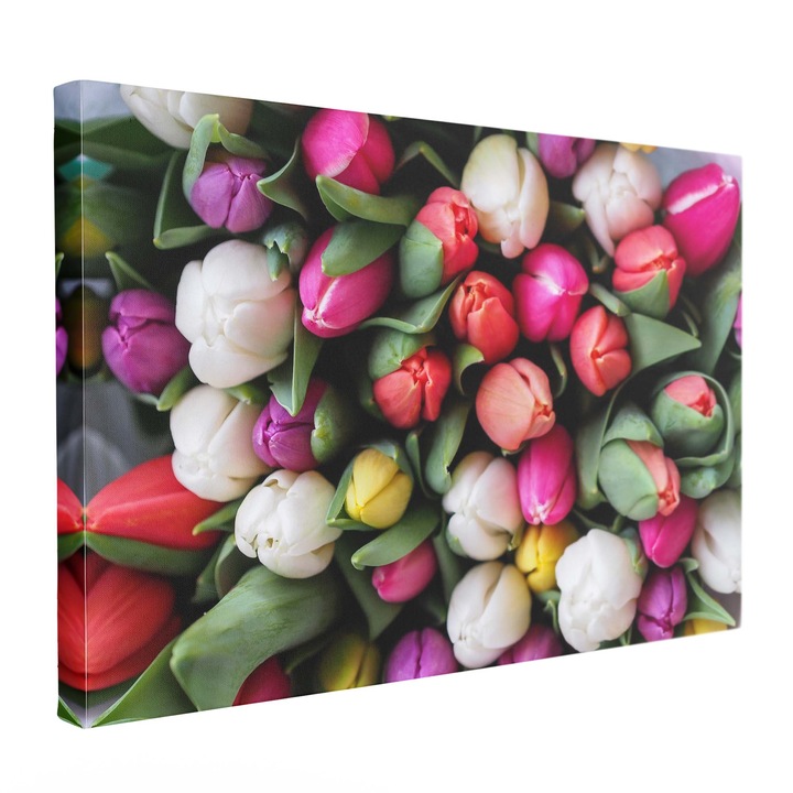 Tablou canvas, Intaglio, Modern, Multicolor, Flori, Buchet de Lalele, print pe panza premium, pentru living 90 cm x 70 cm