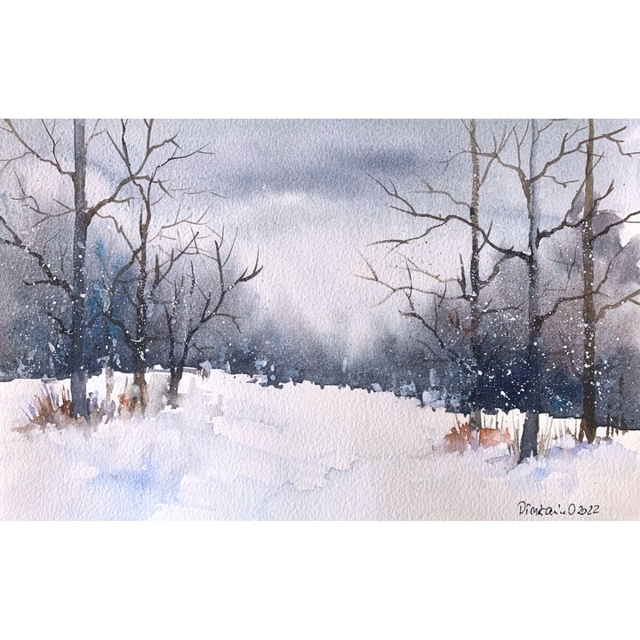 Pictura in acuarela Snowy – tablou pictat manual, dimensiune 19 x 28 cm