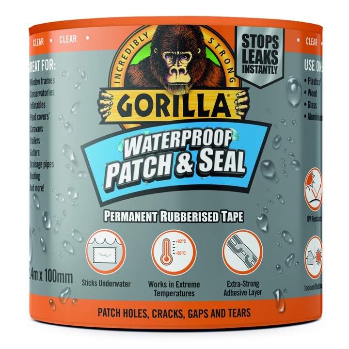 Gorilla WATERPROOF PATCH & SEAL CLEAR TAPE Vízálló Foltozó/Tömítő Átlátszó Ragasztószalag 2.4m x 100mm