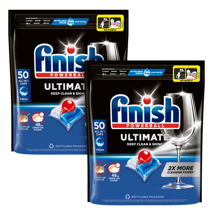 Капсули за съдомиялна Finish Ultimate Deep Clean & Shine, 2x50 броя, 100 измивания
