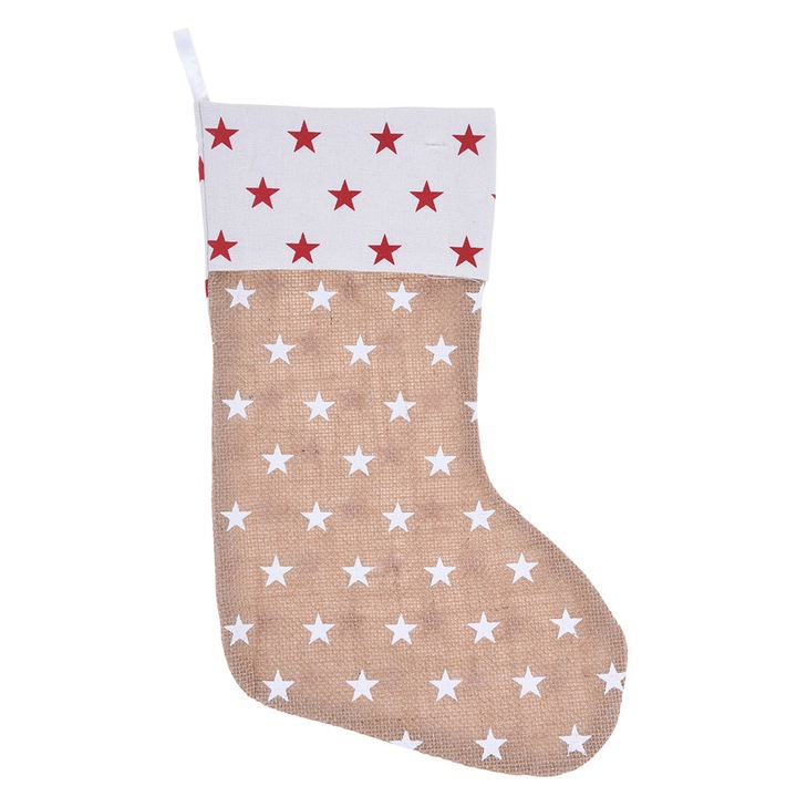 Ciorapi de Craciun pentru cadouri, Cu stelute, 44 x 26 cm, Alb/Rosu/Bej