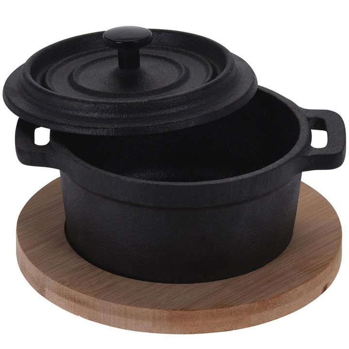 Oala servire tapas Excellent Houseware, fonta/bambus, 10x7.5 cm, 270 ml, negru/maro