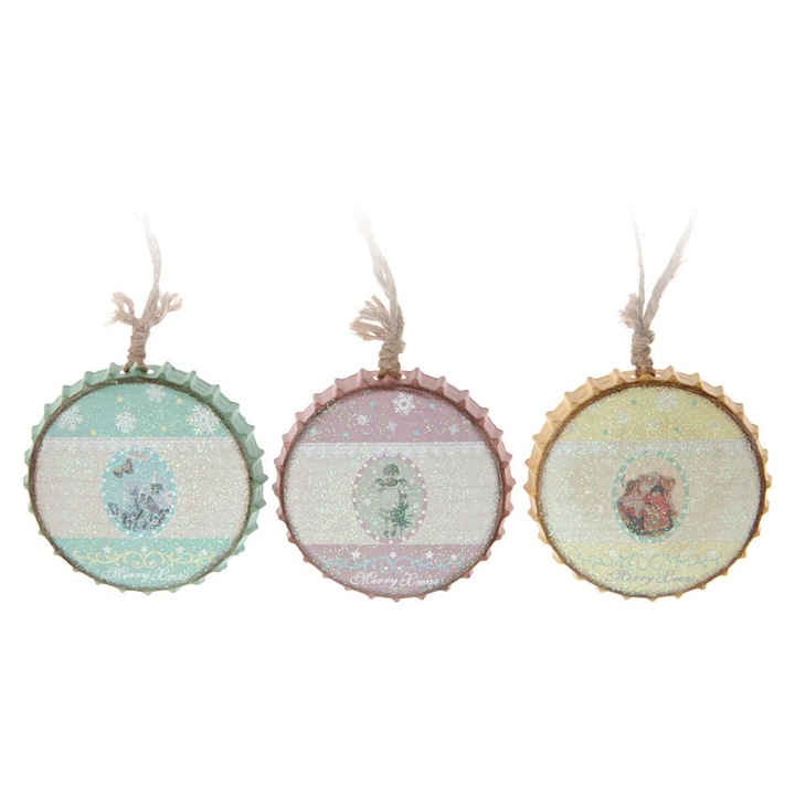 Set 3 ornamente pentru brad, De craciun, Stil retro, 10.5 cm, Metal, Multicolor