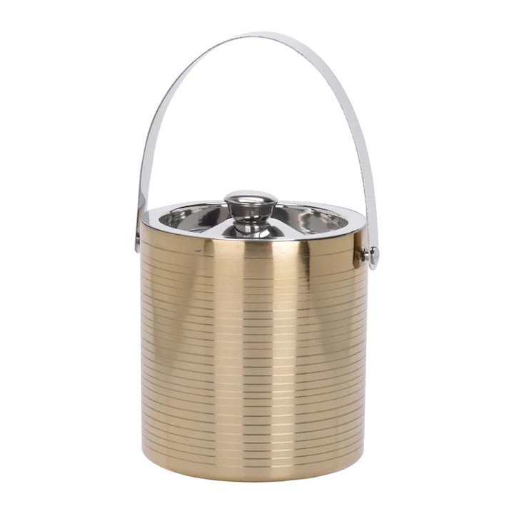 Recipient Pentru Gheata, Cooler Elegant Din Otel Inoxidabil, Ideal Pentru Vin Si Bauturi, Pentru Casa Si Restaurant, Cu Capac Si Pereti Dubli, Pastreaza Frigul Mult Timp, 15 x 15.5 Cm, Auriu