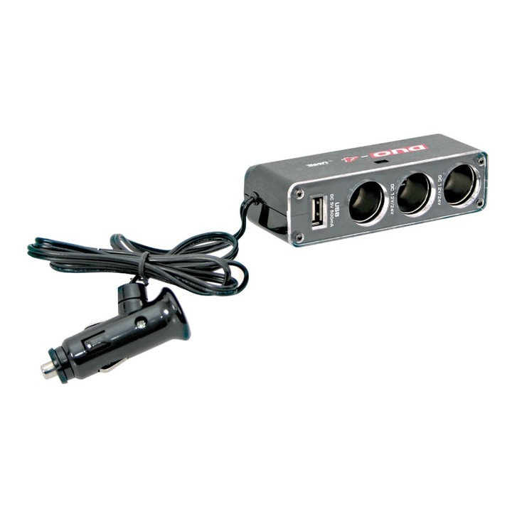 Autós adapter, Lámpa, 3 aljzat, 12/24V, 5A, USB, kétfunkciós LED, 90 cm kábel, Szürke/Fekete