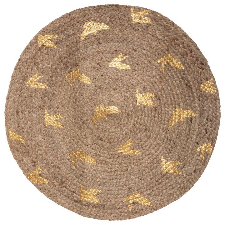 Kerek fonott szőnyeg, Madár motívum, 83 x 83 cm, Juta, Bézs/Arany