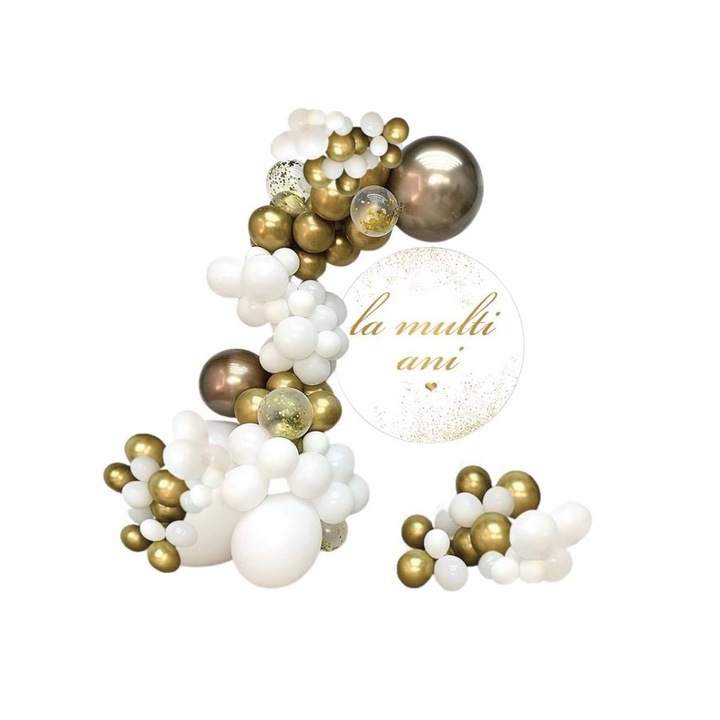 Kit arcada decor alb cu auriu La multi ani 85 buc