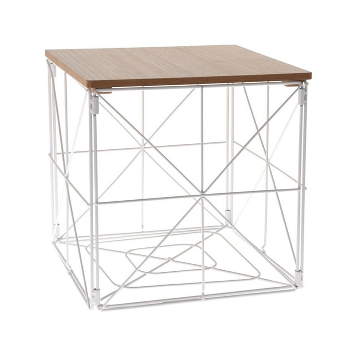 Masuta de cafea, 28x28x28 cm, Metal/MDF, Alb/Natur