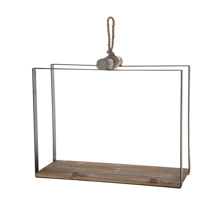 Vintage akasztós polc, fém/fa, 39x29 cm, fekete/barna