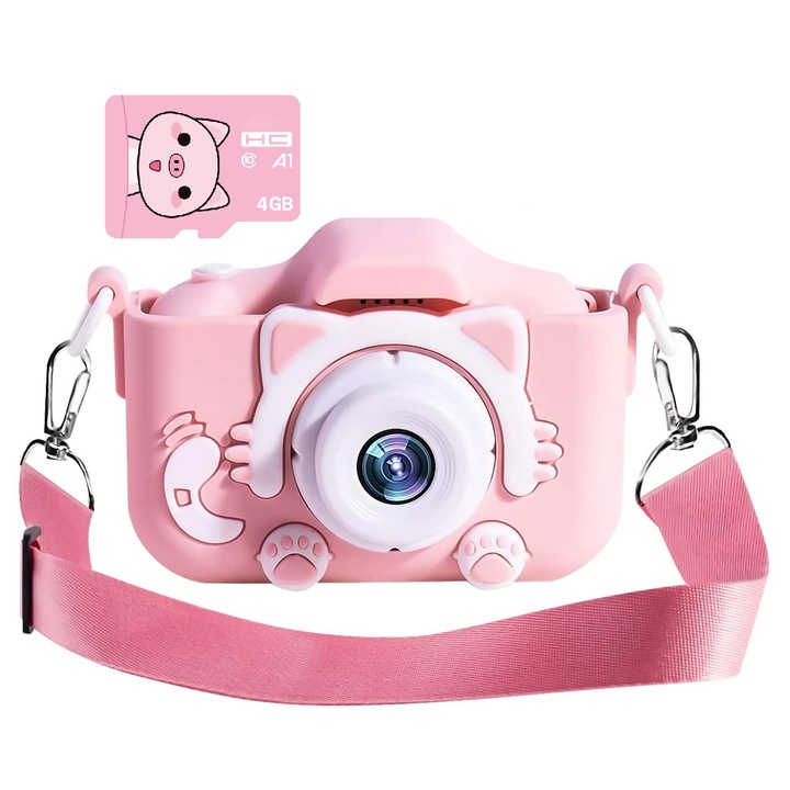Camera foto digitala pentru copii Kitty, dual camera, card 4GB, 1440/1080p, Roz
