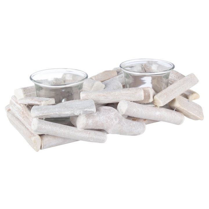 Candela din lemn alb cu 2 suporturi lumanari 21x11x6 cm