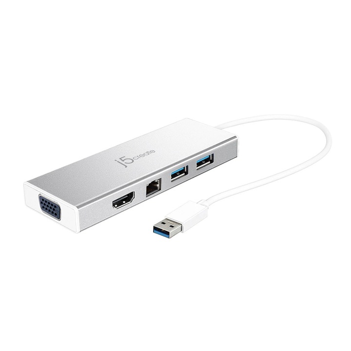 Hub 6 porttal j5create Mini Dock JUD380, USB 3.0, Gigabit Ethernet, HDMI, VGA, USB-B, fehér