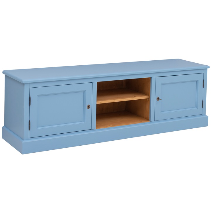 Comoda tv cu2 usi si 1 raft, vopsit, culoare interior maro, exterior albastru, 100% lemn masiv, 180x56x46 cm