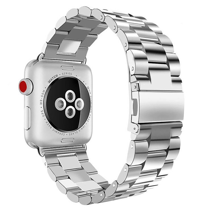 Curea metalica WatchBand™ Classic Steel, Compatibila cu Apple Watch 1/2/3/4/5/6/7/SE/Nike+ - 38/40/41 mm, Argintiu