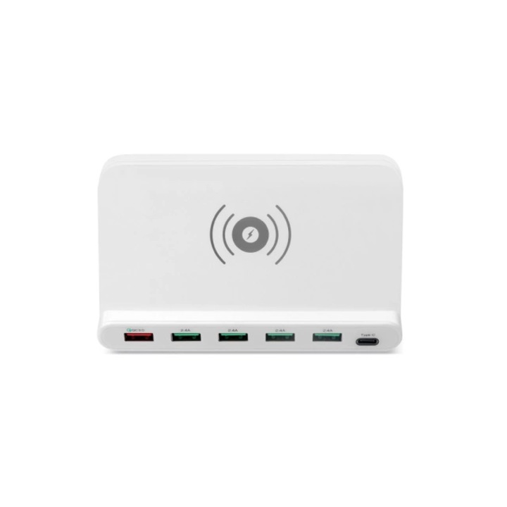 PYRAMID® telefontöltő állomás, Wireless QI 10W, gyorstöltés, 5 usb port, 1 C típusú port, fehér, WLC064