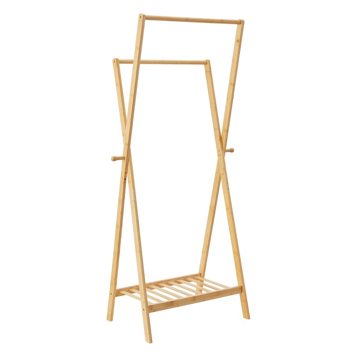 Suport haine, en.casa, Keitele, 150 x 60 x 42 cm, bambus, natur, cu 2 bare si 1 raft