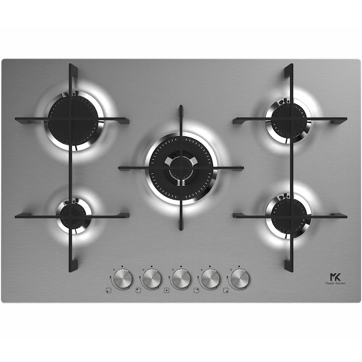 Плот за вграждане Master Kitchen MKHG 7541EDS-FTCXS, Газ, 5 нагревателни зони, Чугунена скара, Котлон с тройна корона, Вградено електрическо запалване, Система за безопасност, 75 см, Inox
