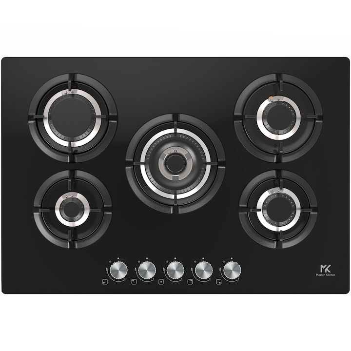 Плот за вграждане Master Kitchen MKHG 7541EDS-FTCBK, Газ, 5 нагревателни зони, Чугунена скара, Котлон с тройна корона, Вградено електрическо запалване, Система за безопасност, 75 см, Черно стъкло