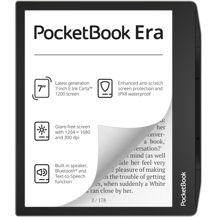eBook четец PocketBook Era, 7" сензорен екран, E Ink Carta, 300dpi, Bluetooth, SMARTlight, IPX8, 16 GB, Сребрист