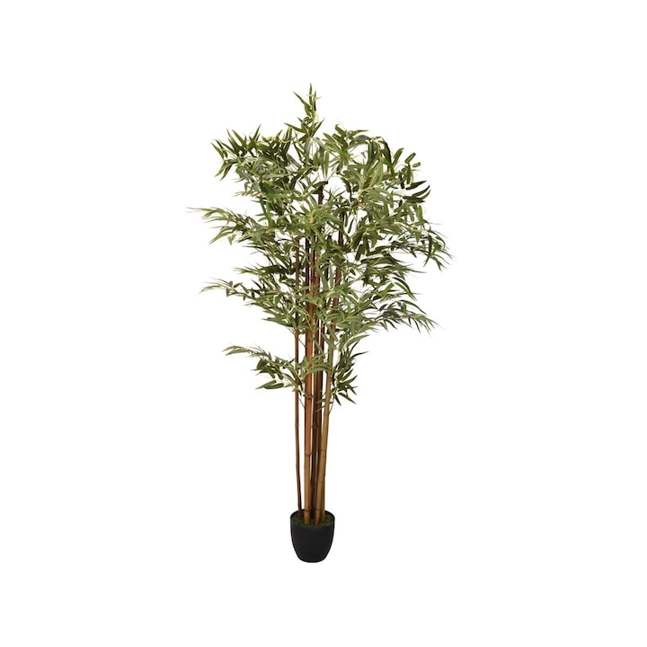 Изкуствен декоративен бамбук, Саксия, 1360 листа, 180 см, Зелен/Кафяв/Черен