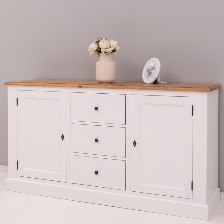 Bufet cu 2 usi, 3 sertare cu blat stejar, vopsit, culoare alb, top maro 100% lemn masiv