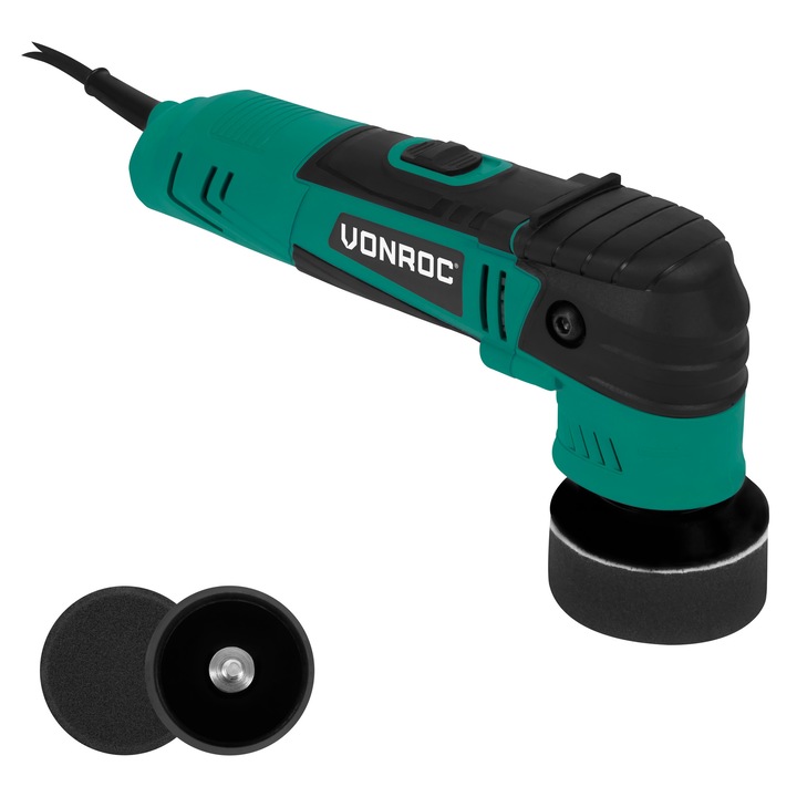 Masina de polisat duala VONROC PM507AC, putere 400W, turatie 2000-6800/min, pornire lenta, miscare excentrica 7mm, inclus 2 talpi si 2 bureti, cablu 4m, greutate 1.5kg, Verde/Negru