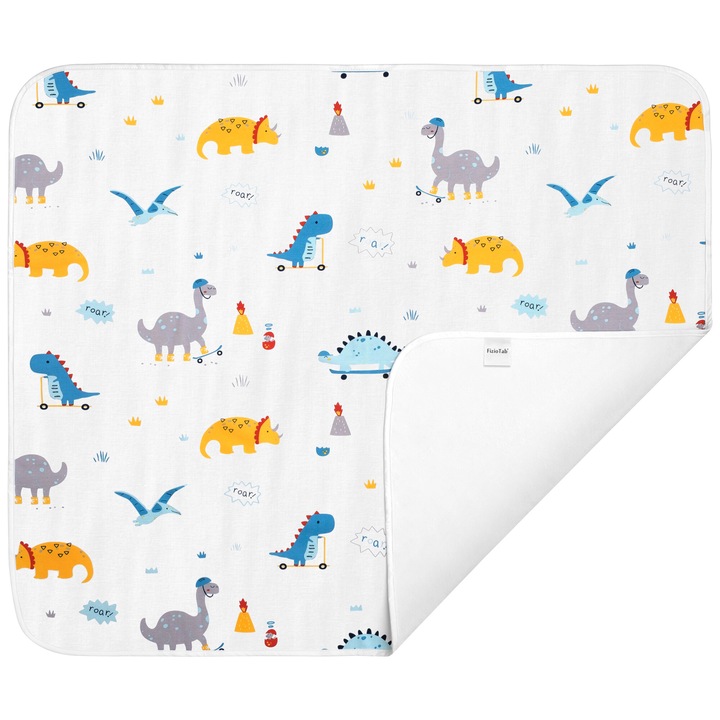 Aleza impermeabila mare pentru copii, FizioTab®, 80x100 cm, absorbanta si lavabila, refolosibila, tip paturica, pentru schimbat scutecul bebelusului, Dinozauri