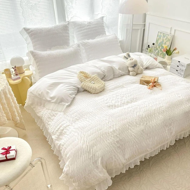 Спално бельо от креп памук, 6 части, двойно легло, бяло, CRJ-01