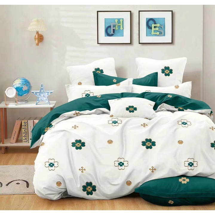 Спален комплект от фин памук, 6 части, двойно легло, щампа с детелина, бяло/тюркоаз