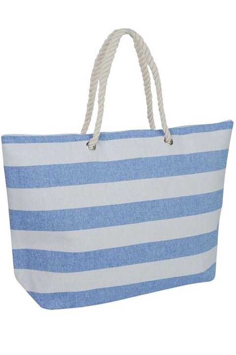 Geanta de plaja cu volum incapator, model cu dungi albastre, inchidere cu fermoar, manere mari de franghie, dimensiune 58x41 cm
