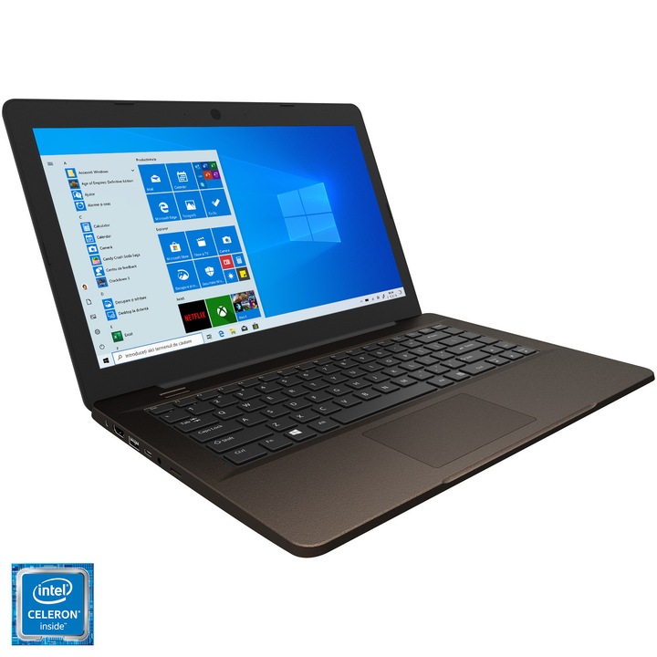 Laptop Tesla E14WP cu procesor Intel® Celeron® N3060 pana la 2.48 GHz, 14", HD, 4GB, 120GB SSD, Windows 10 Pro, Dark Brown