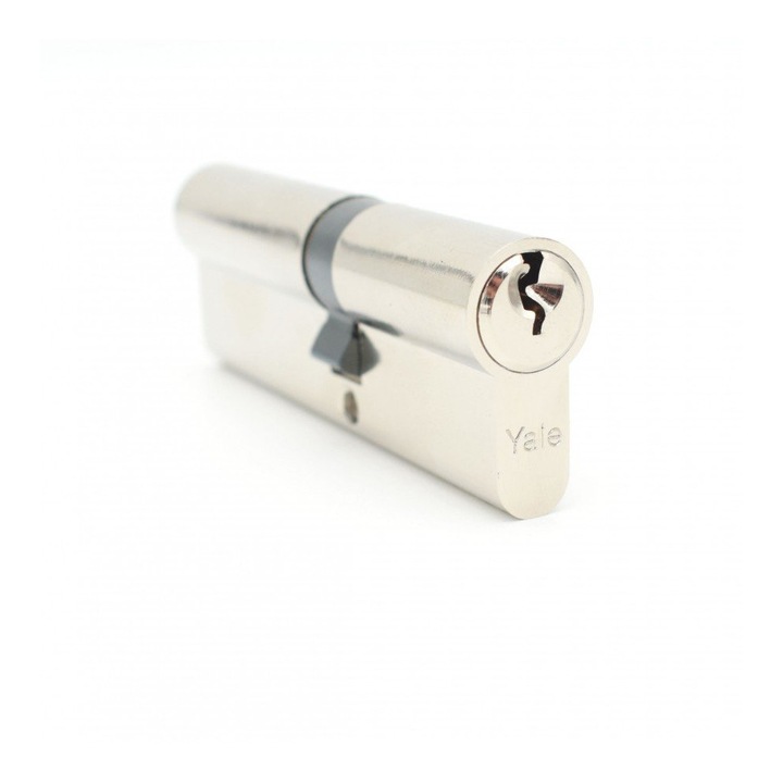 Butuc usa, cilindru, Yale, dimensiune 40 x 45, din alama, finisaj nichel lucios, surub de fixare, 3 chei