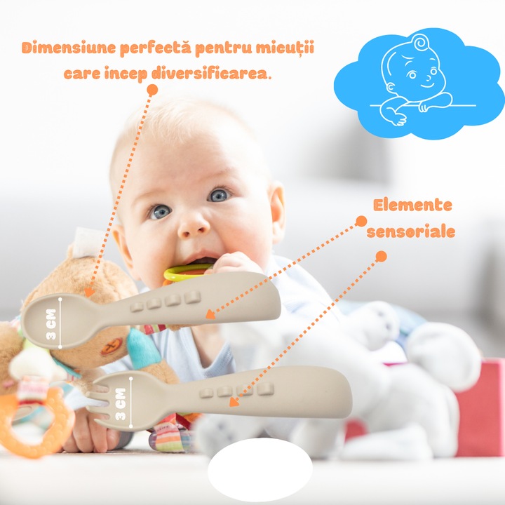 Set hranire bebelusi pentru diversificare din silicon, format din 6 piese, Bpa Free, 1 baveta, 1 bol cu ventuza, 1 farfurie compartimentata fara ventuza, 1 lingurita 1 furculita 1 pahar, fara alergeni, culoare Beige