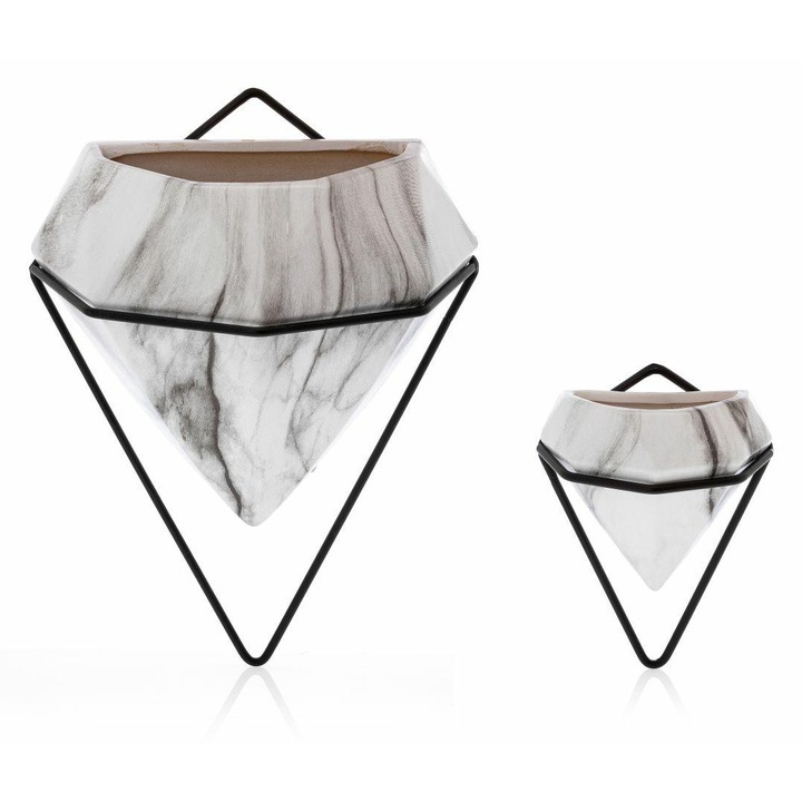 Set 2 x Ghiveci flori de perete, Ceramica, Alb/Negru
