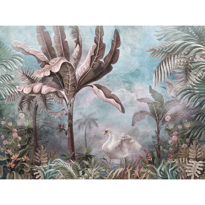 Fototapet Peisaj, Jungla cu palmieri si Lebada Alba, Stil Vintage, Vlies, Lavabil, 250 x400cm