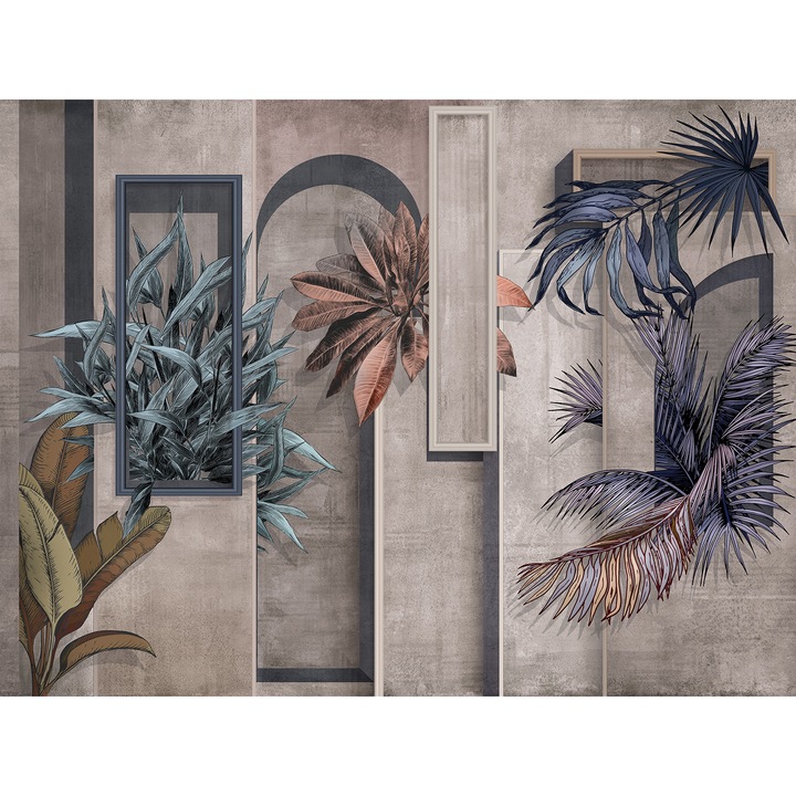 Fototapet Geometric, Plante multicolore si Figuri Geometrice 3D, Fantezie, Vlies, Lavabil, 300 x400cm