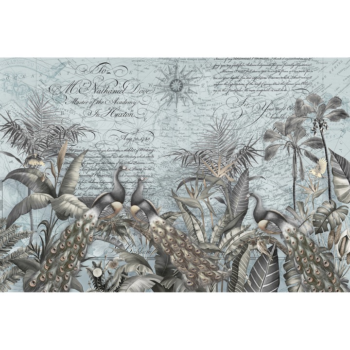 Fototapet Peisaj Vintage, Palmieri si Pauni pe fundal Albasturi, Fantezie, Vlies, Lavabil, 200 x400cm