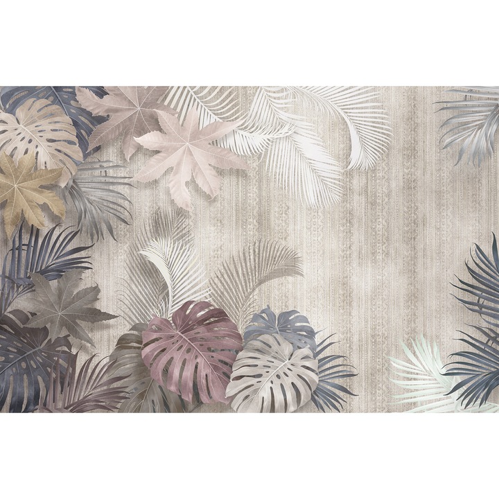 Fototapet Tropical, Frunze exotice multicolore pe fundal abstract, Fantezie, Vlies, Lavabil, 150 x250cm