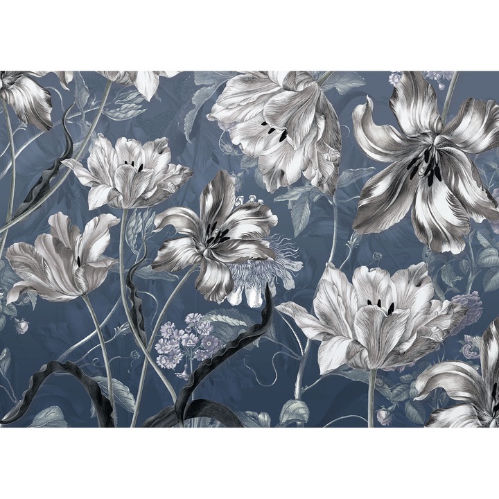 Fototapet Floral, Flori Gri pe fundal albastru, Fantezie, Vlies, Lavabil, 150 x250cm
