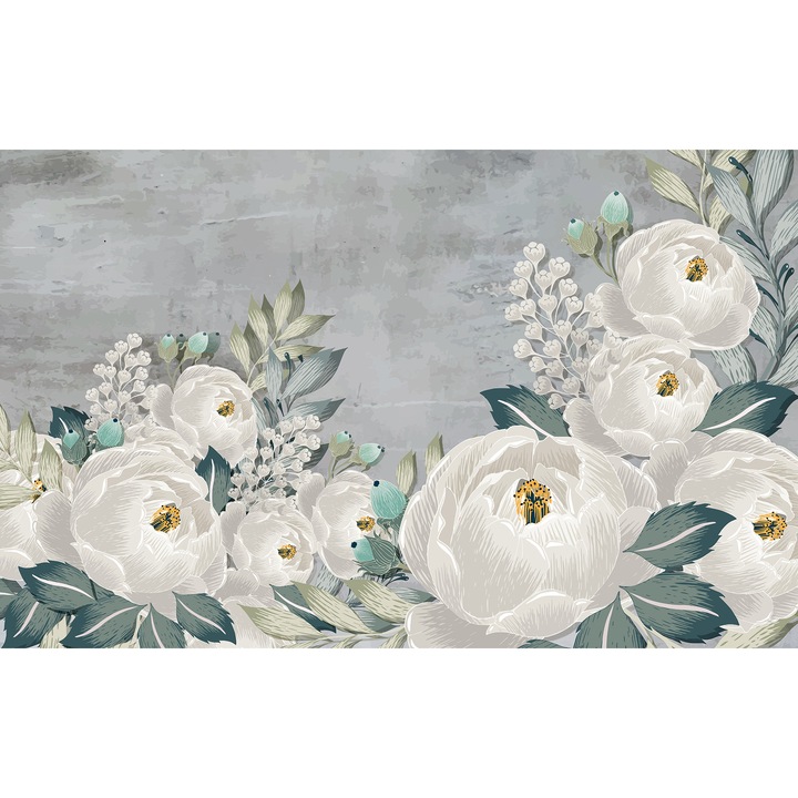 Fototapet Floral, Flori Albe cu frunze verzi pe fundal gri, Trandafiri, Fantezie, Vlies, Lavabil, 100 x200cm