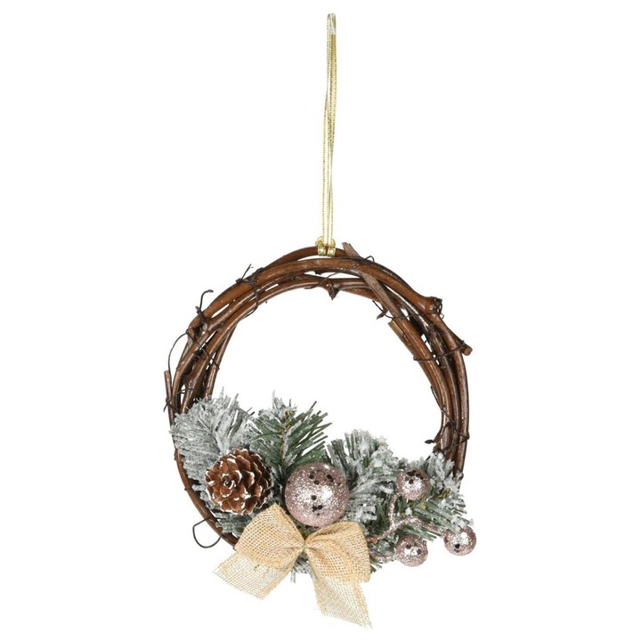 Coronita decorativa de Craciun, Cu agatatoare, Crengute acoperite cu zapada, 15 cm, Ratan, Multicolor