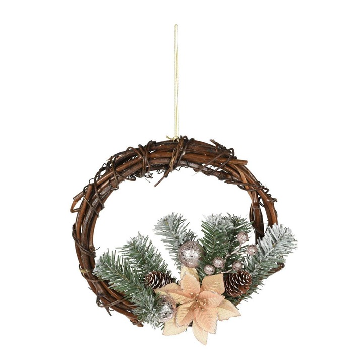 Dekoratív karácsonyi koszorú, kampóval, 30 cm, rattan, zöld/barna/bézs