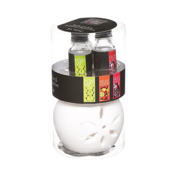 3 db illóolaj készlet aromaterápiás tálkával, 3 x 10 ml, Alma/Egzotikus gyümölcsök/Erdei gyümölcsök, Többszínű