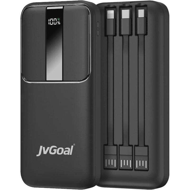 Външна батерия, JvGoal®, 10000mAh, PD & QC 22,5 W бързо зареждане, с вградени кабели, Черен