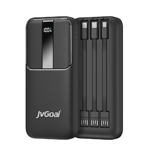 Baterie externa, JvGoal®, 10000mAh, Quick Charge 2 × USB, Power Delivery 22.5W, 18W, cu cabluri incorporate, Type-C, Micro USB, Afisaj Digital LCD, Negru