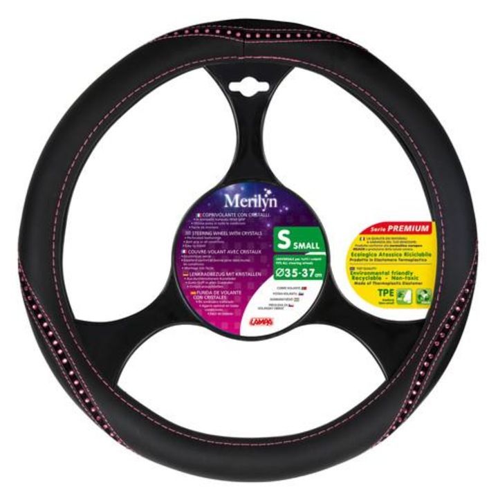 Husa volan, Lampa, Universal, Model strasuri, Piele ecologica, 35-37 cm, Negru/Roz