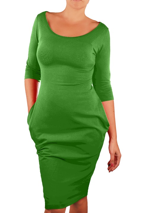 Дамска рокля Ivanel С изпъкнали странични джобове, С 3/4 ръкав, Тревисто зелен, Размер XL