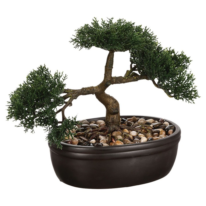 Bonsai artificial Atmosphera in ghiveci ceramic cu pietricele decorative, 23 cm, verde