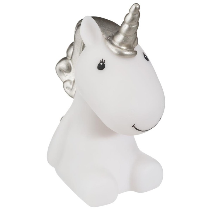 Lampa de veghe LED pentru copii, Model Unicorn, 12x7x13.5 cm, PVC, Alb/Argintiu